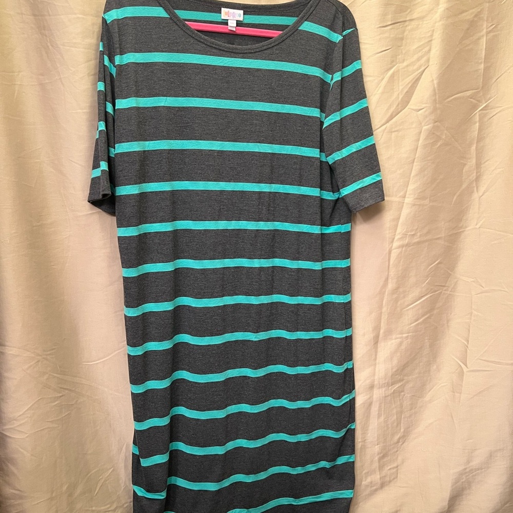 LuLaRoe Gray and Teal Striped Midi Dress